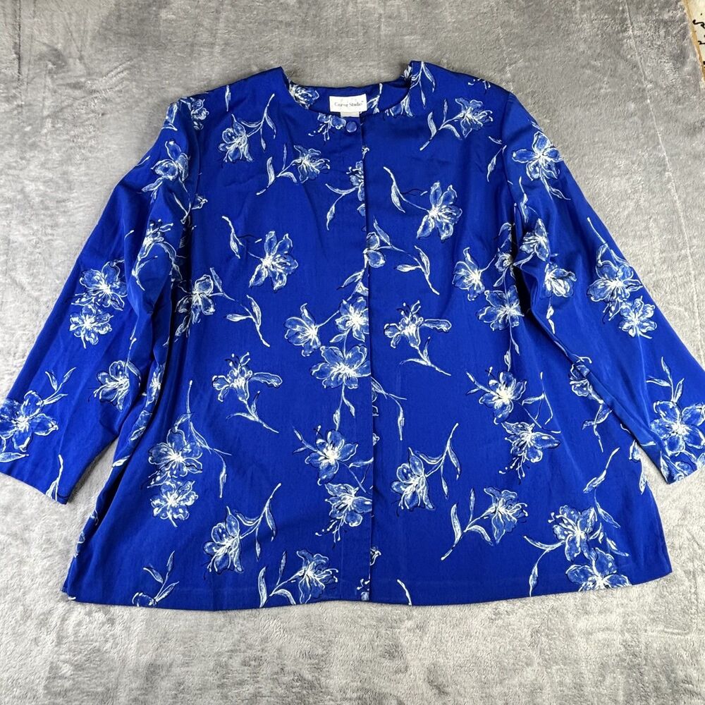 Graver Studio Blouse Womens 3X Blue‎ Floral Button Up Long Sleeve Made USA Top